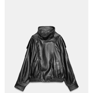 Viral Zara Black Faux Leather Funnel Neck Bomber Jacket